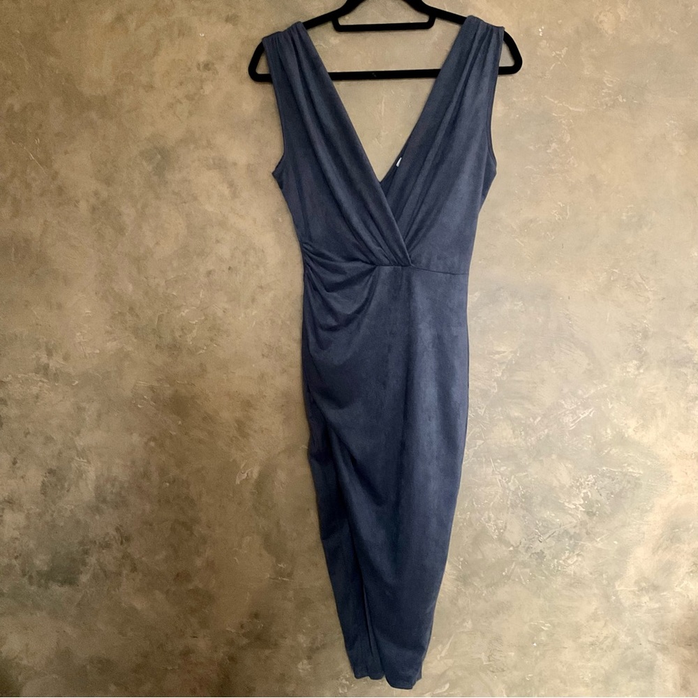 Primi Twist Front Faux Wrap Midi Maxi Dress Microsuede Dark Grey S NWT